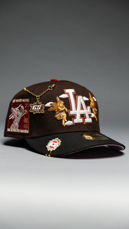NEW ERA EXCLUSIVE 59FIFTY DARK BROWN/BLACK LOS ANGELES DODGERS "CITY OF ANGELS" W/ SHOHEI OHTANI 50-50 CLUB SIDE PATCH