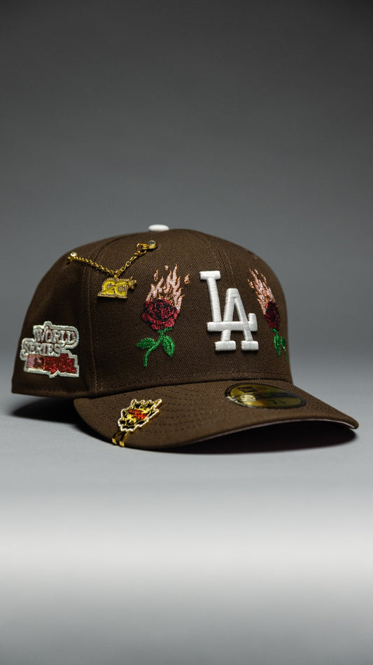NEW ERA EXCLUSIVE 59FIFTY BROWN LOS ANGELES DODGERS W/ BURNT ROSES + 1981 WORLD SERIES SIDE PATCH