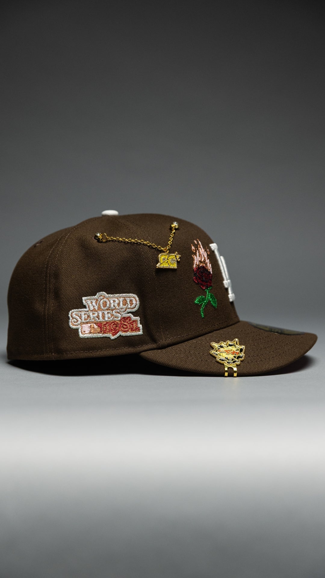NEW ERA EXCLUSIVE 59FIFTY BROWN LOS ANGELES DODGERS W/ BURNT ROSES + 1981 WORLD SERIES SIDE PATCH
