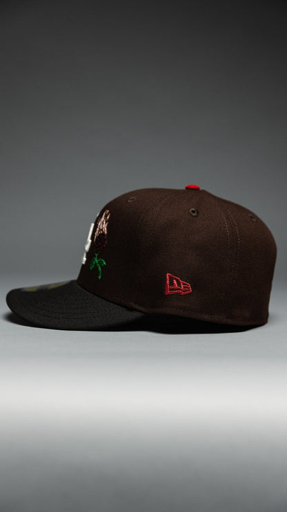 NEW ERA EXCLUSIVE 59FIFTY DARK BROWN/BLACK LOS ANGELES DODGERS W/ BURNT ROSES + 100TH ANNIVERSARY SIDE PATCH