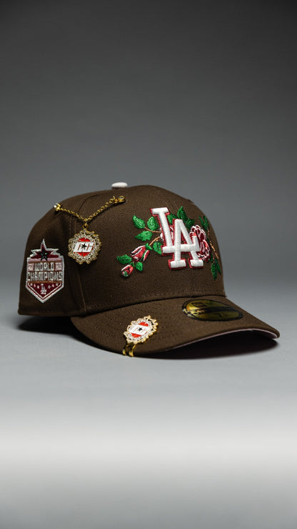 NEW ERA EXCLUSIVE 59FIFTY BROWN LOS ANGELES DODGERS W/ RED ROSE + WORLD SERIES CHAMPIONS SIDE PATCH