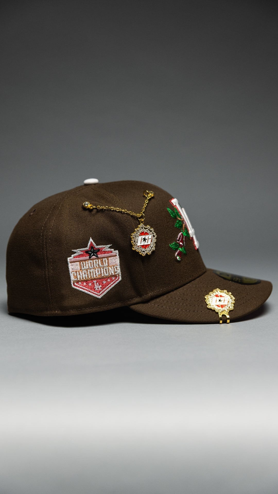 NEW ERA EXCLUSIVE 59FIFTY BROWN LOS ANGELES DODGERS W/ RED ROSE + WORLD SERIES CHAMPIONS SIDE PATCH