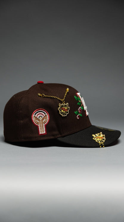 NEW ERA EXCLUSIVE 59FIFTY DARK BROWN/BLACK LOS ANGELES DODGERS W/ PINK ROSE + FERNANDO VALENZUELA SIDE PATCH
