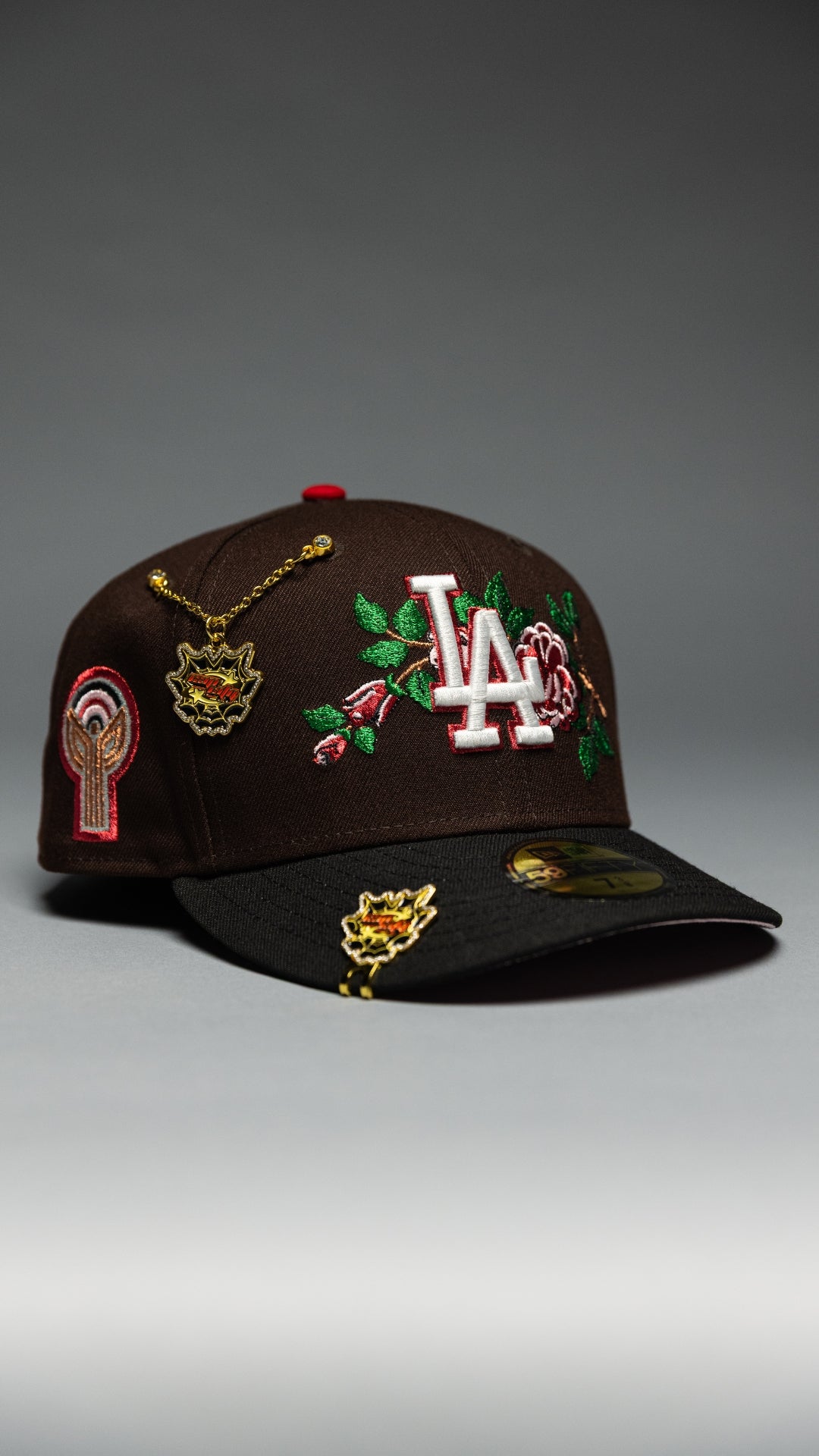 NEW ERA EXCLUSIVE 59FIFTY DARK BROWN/BLACK LOS ANGELES DODGERS W/ PINK ROSE + FERNANDO VALENZUELA SIDE PATCH
