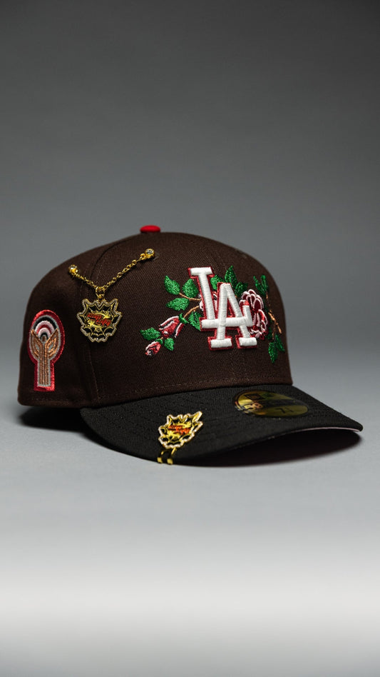NEW ERA EXCLUSIVE 59FIFTY DARK BROWN/BLACK LOS ANGELES DODGERS W/ PINK ROSE + FERNANDO VALENZUELA SIDE PATCH