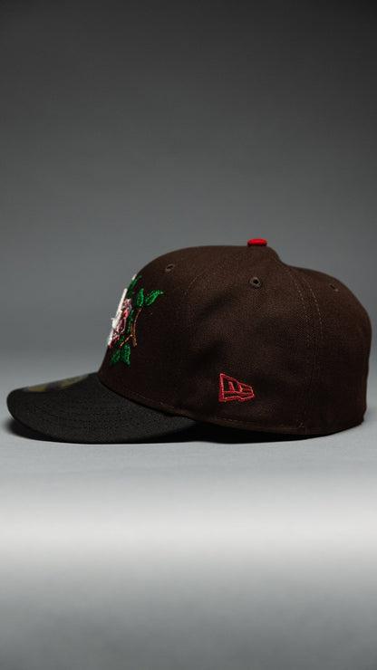 NEW ERA EXCLUSIVE 59FIFTY DARK BROWN/BLACK LOS ANGELES DODGERS W/ PINK ROSE + FERNANDO VALENZUELA SIDE PATCH