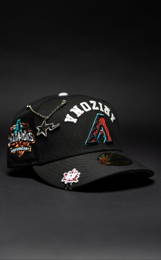 NEW ERA EXCLUSIVE 59FIFTY BLACK UPSIDE DOWN ARIZONA DIAMONDBACKS W/ WORLD CHAMPIONS SIDE PATCH