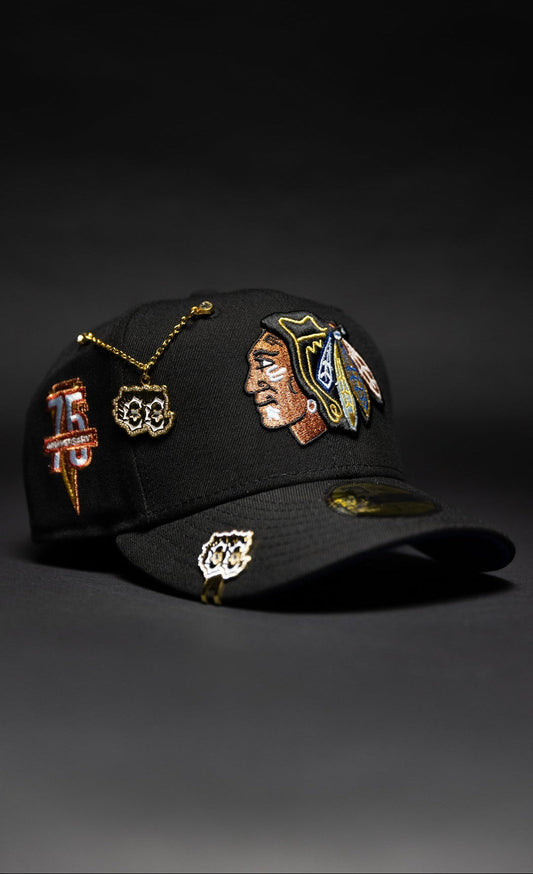NEW ERA EXCLUSIVE 59FIFTY BLACK CHICAGO BLACKHAWKS W/ 75TH ANNIVERSARY SIDE PATCH