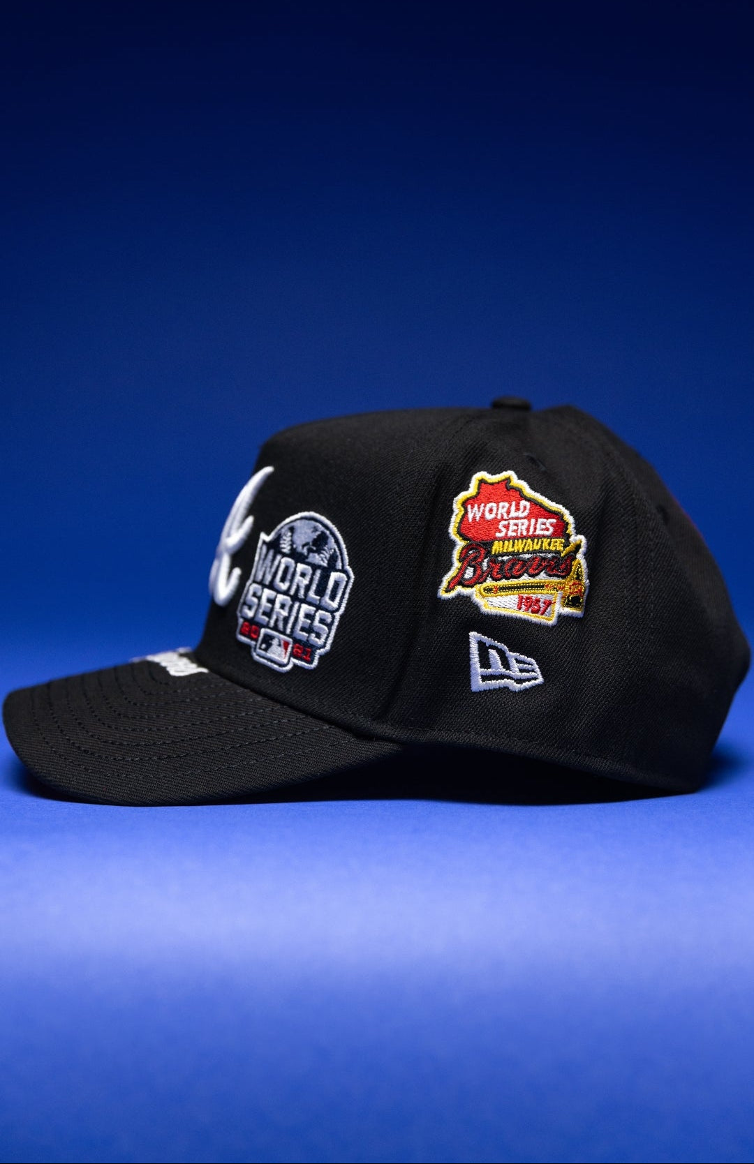 NEW ERA 9FIFTY A-FRAME BLACK ATLANTA BRAVES SNAPBACK W/ WORLD SERIES EMBROIDERY PATCHES
