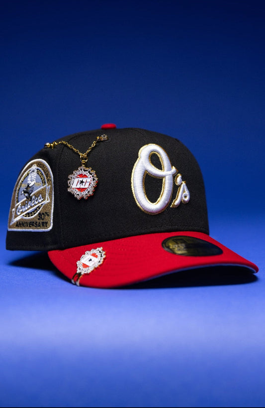 NEW ERA EXCLUSIVE 59FIFTY BLACK/RED BALTIMORE ORIOLES W/ 30TH ANNIVERSARY SIDE PATCH