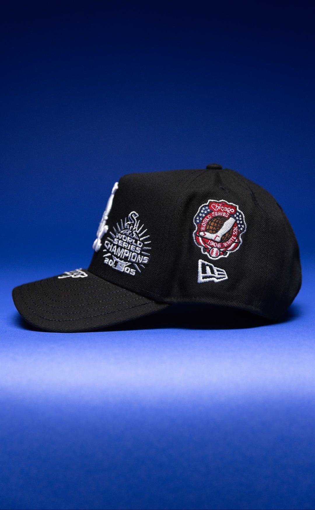 NEW ERA 9FIFTY A-FRAME BLACK CHICAGO WHITE SOX SNAPBACK W/ WORLD SERIES EMBROIDERY PATCHES