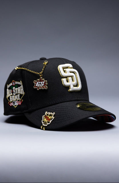 NEW ERA EXCLUSIVE 59FIFTY BLACK SAN DIEGO PADRES W/ ALL STAR GAME SIDE PATCH