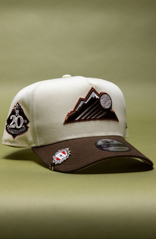 NEW ERA 9FIFTY A-FRAME CHROME/BROWN COLORADO ROCKIES W/ 20TH ANNIVERSARY SIDE PATCH