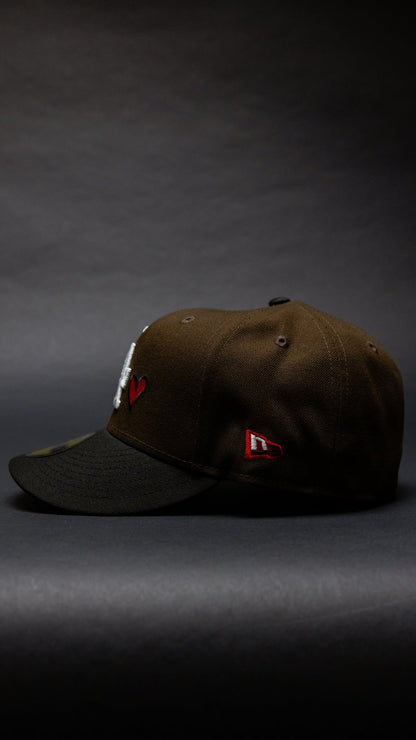 NEW ERA EXCLUSIVE 59FIFTY BROWN/BLACK LOS ANGELES DODGERS W/ RED HEART + 100TH ANNIVERSARY SIDE PATCH