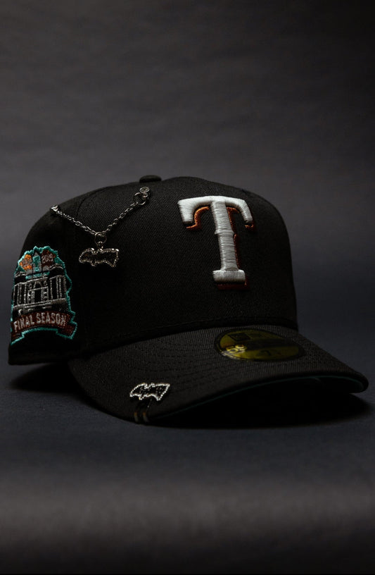 NEW ERA EXCLUSIVE 59FIFTY BLACK TEXAS RANGERS W/ FINAL SEASON SIDE PATCH