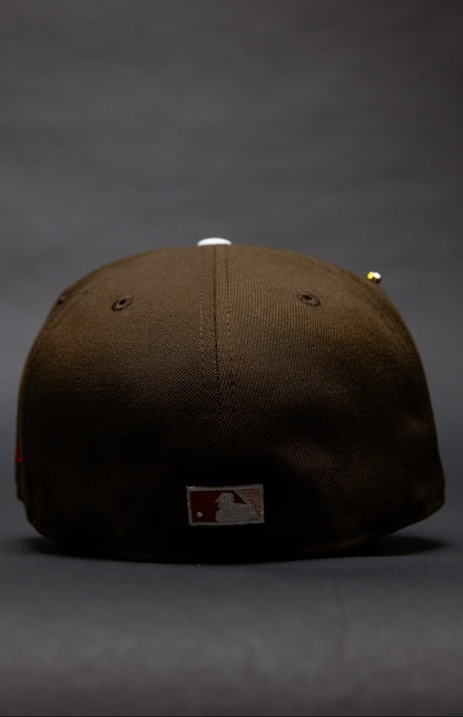 NEW ERA EXCLUSIVE 59FIFTY BROWN UPSIDE DOWN LOS ANGELES DODGERS W/ 100TH ANNIVERSARY SIDE PATCH