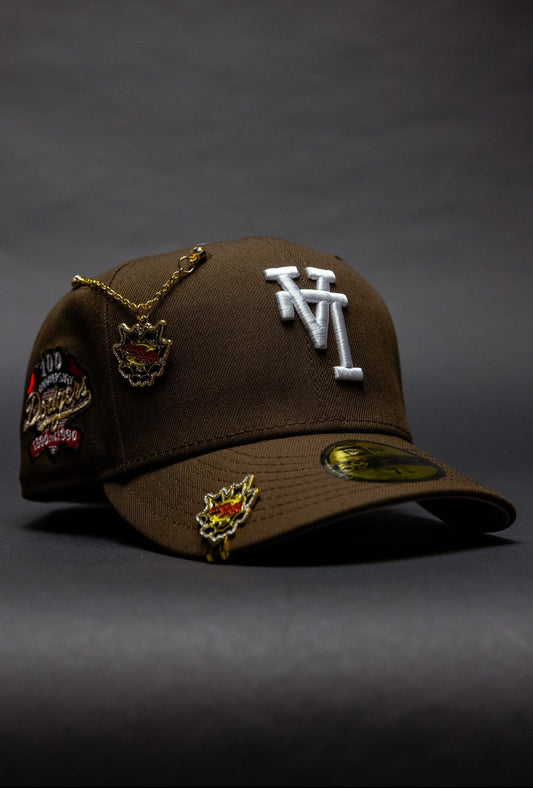 NEW ERA EXCLUSIVE 59FIFTY BROWN UPSIDE DOWN LOS ANGELES DODGERS W/ 100TH ANNIVERSARY SIDE PATCH