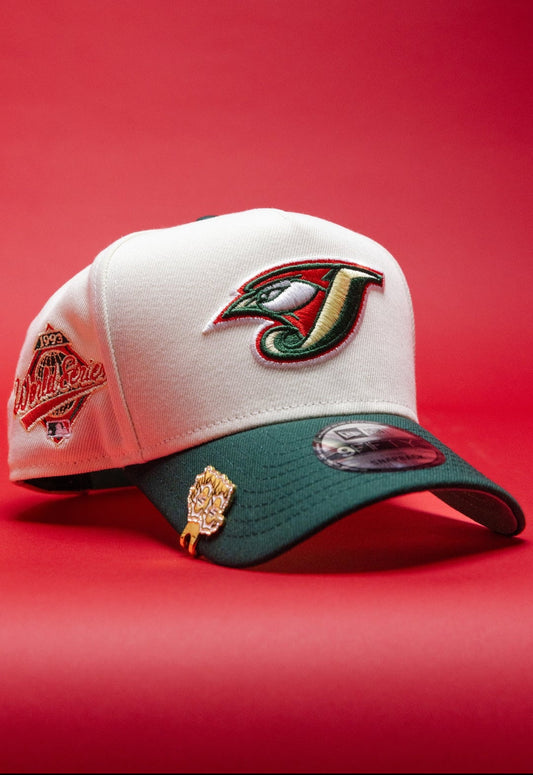 NEW ERA 9FIFTY A-FRAME CHROME/FOREST GREEN TORONTO BLUE JAYS SNAPBACK W/ WORLD SERIES SIDE PATCH