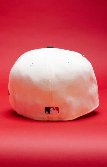 NEW ERA EXCLUSIVE 59FIFTY CHROME/BLACK LOS ANGELES DODGERS W/ BURNT ROSES + 2024 WORLD SERIES SIDE PATCH