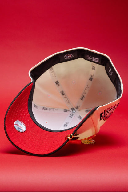NEW ERA EXCLUSIVE 59FIFTY CHROME/BLACK LOS ANGELES DODGERS W/ BURNT ROSES + 2024 WORLD SERIES SIDE PATCH
