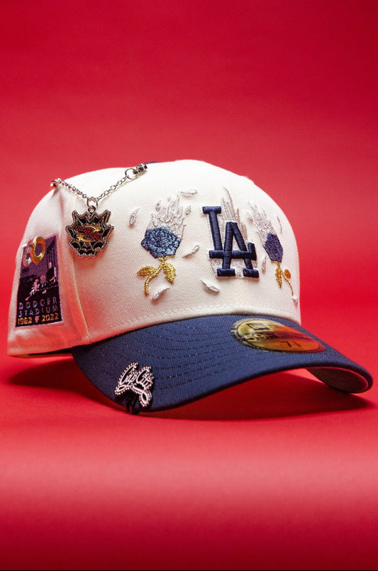 NEW ERA EXCLUSIVE 59FIFTY CHROME/NAVY LOS ANGELES DODGERS W/ BURNT ROSES + 60TH ANNIVERSARY SIDE PATCH