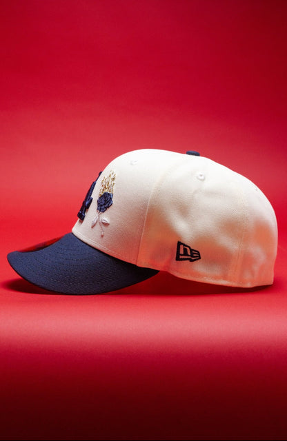 NEW ERA EXCLUSIVE 59FIFTY CHROME/NAVY LOS ANGELES DODGERS W/ BURNT ROSES + 2024 WORLD SERIES SIDE PATCH