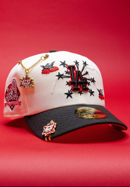 NEW ERA EXCLUSIVE 59FIFTY CHROME/BLACK LOS ANGELES DODGERS W/ EMBROIDERY + WORLD SERIES CHAMPIONS SIDE PATCH
