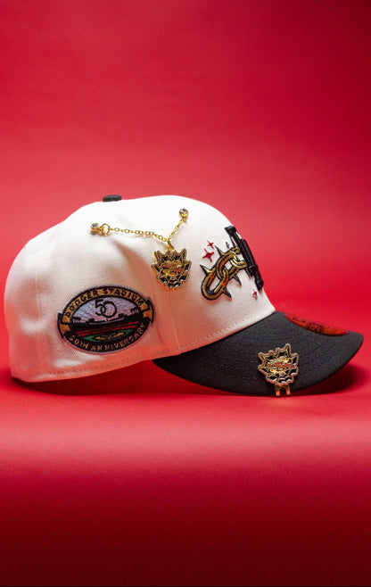 NEW ERA EXCLUSIVE 59FIFTY CHROME/BLACK LOS ANGELES DODGERS W/ EMBROIDERY + 50TH ANNIVERSARY SIDE PATCH
