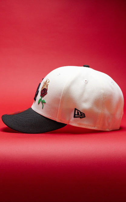 NEW ERA EXCLUSIVE 59FIFTY CHROME/BLACK LOS ANGELES DODGERS W/ BURNT ROSES + 1988 WORLD SERIES SIDE PATCH