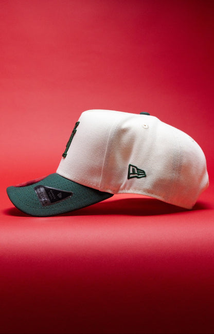 NEW ERA 9FIFTY A-FRAME CHROME/FOREST GREEN UPSIDE DOWN LOS ANGELES DODGERS SNAPBACK W/ 1988 WORLD SERIES SIDE PATCH