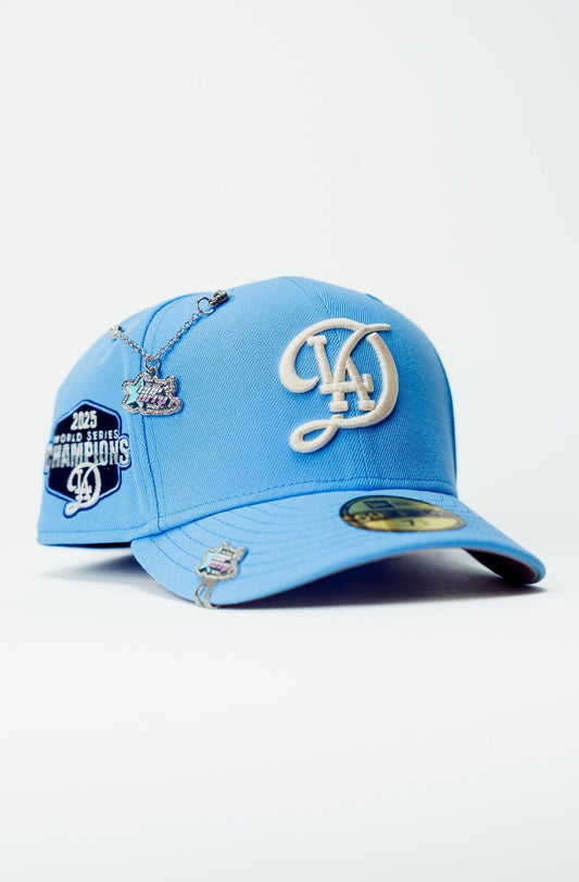 NEW ERA EXCLUSIVE 59FIFTY SKY BLUE LOS ANGELES DODGERS W/ 2025 WORLD SERIES CHAMPIONS SIDE PATCH