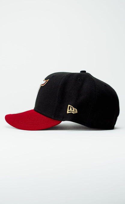NEW ERA EXCLUSIVE 59FIFTY BLACK/BURGUNDY TORONTO BLUE JAYS W/ 30TH SEASON SIDE PATCH