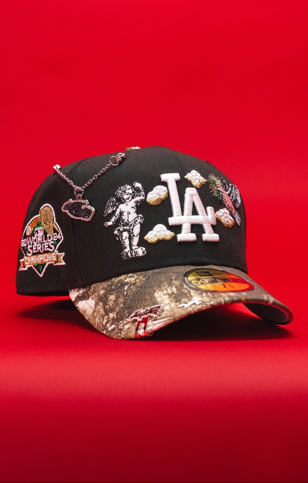 NEW ERA EXCLUSIVE 59FIFTY BLACK/REALTREE LOS ANGELES DODGERS "HEAVENLY CITY" W/ 2024 WORLD CHAMPIONS SIDE PATCH