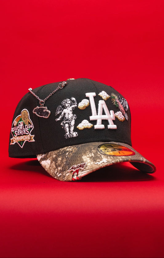 NEW ERA EXCLUSIVE 59FIFTY BLACK/REALTREE LOS ANGELES DODGERS "HEAVENLY CITY" W/ 2024 WORLD CHAMPIONS SIDE PATCH