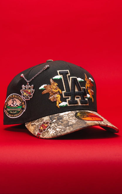 NEW ERA EXCLUSIVE 59FIFTY BLACK/REALTREE LOS ANGELES DODGERS "CITY OF AMGELS" W/ 50TH ANNIVERSARY SIDE PATCF