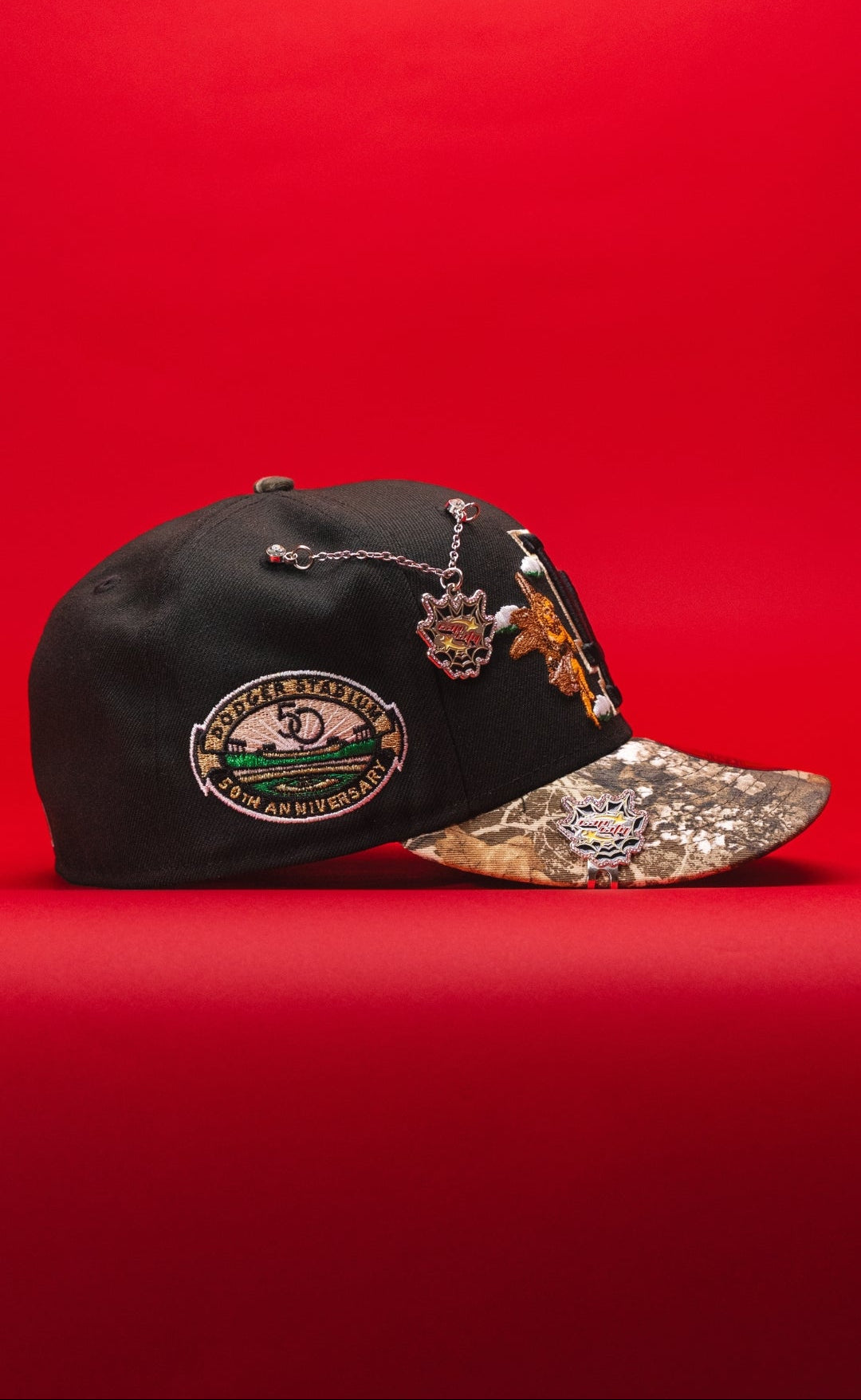 NEW ERA EXCLUSIVE 59FIFTY BLACK/REALTREE LOS ANGELES DODGERS "CITY OF AMGELS" W/ 50TH ANNIVERSARY SIDE PATCF