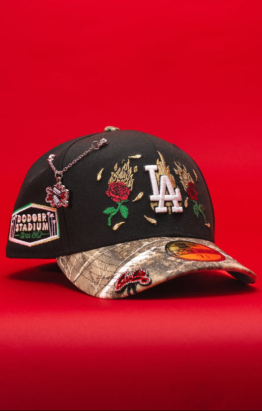 NEW ERA EXCLUSIVE 59FIFTY BLACK/REALTREE LOS ANGELES DODGERS W/ BURNT ROSES + DODGER STADIUM SIDE PATCH