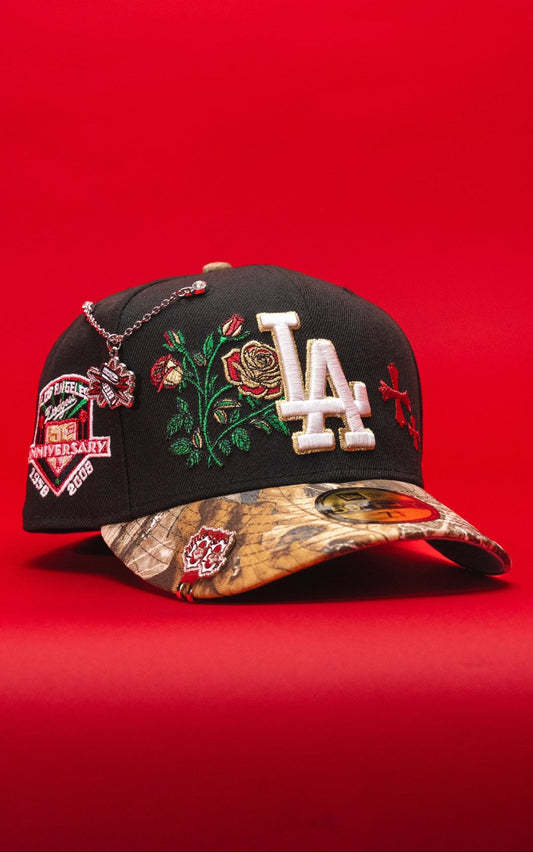 NEW ERA EXCLUSIVE 59FIFTY BLACK/REALTREE LOS ANGELES DODGERS W/ BLOOMING ROSE + 50TH ANNIVERSARY SIDE PATCH