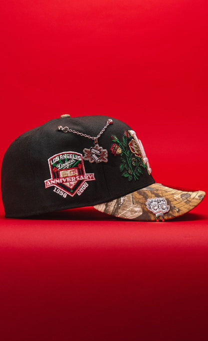 NEW ERA EXCLUSIVE 59FIFTY BLACK/REALTREE LOS ANGELES DODGERS W/ BLOOMING ROSE + 50TH ANNIVERSARY SIDE PATCH