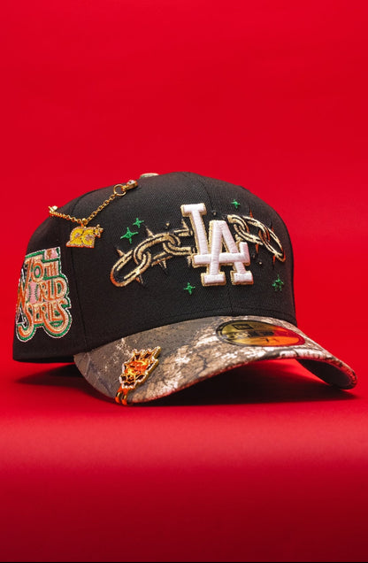 NEW ERA EXCLUSIVE 59FIFTY BLACK/REALTREE LOS ANGELES DODGERS W/ EMBROIDERY + 75TH WORLD SERIES SIDE PATCH