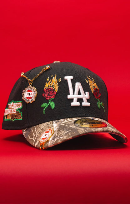 NEW ERA EXCLUSIVE 59FIFTY BLACK/REALTREE LOS ANGELES DODGERS W/ BURNT ROSES + 1981 WORLD SERIES SIDE PATCH