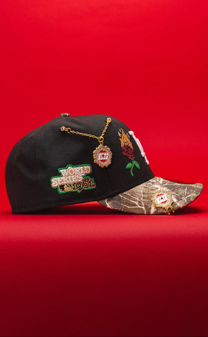 NEW ERA EXCLUSIVE 59FIFTY BLACK/REALTREE LOS ANGELES DODGERS W/ BURNT ROSES + 1981 WORLD SERIES SIDE PATCH