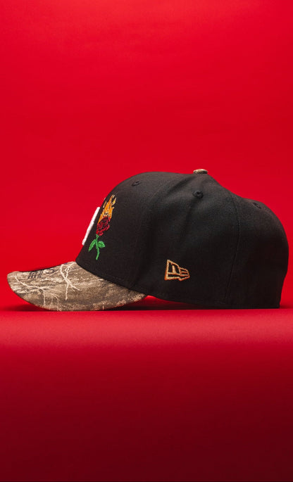 NEW ERA EXCLUSIVE 59FIFTY BLACK/REALTREE LOS ANGELES DODGERS W/ BURNT ROSES + 1981 WORLD SERIES SIDE PATCH