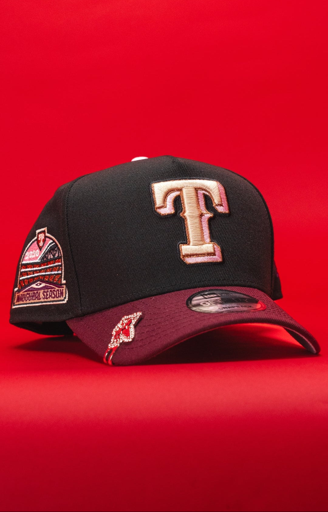 NEW ERA 9FIFTY A-FRAME BLACK/BURGUNDY TEXAS RANGERS SNAPBACK W/ INAUGURAL SEASON SIDE PATCH