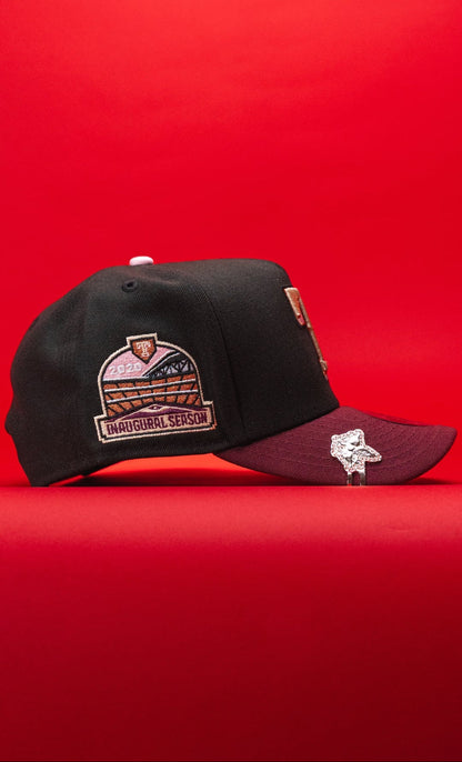 NEW ERA 9FIFTY A-FRAME BLACK/BURGUNDY TEXAS RANGERS SNAPBACK W/ INAUGURAL SEASON SIDE PATCH
