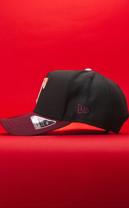 NEW ERA 9FIFTY A-FRAME BLACK/BURGUNDY TEXAS RANGERS SNAPBACK W/ INAUGURAL SEASON SIDE PATCH