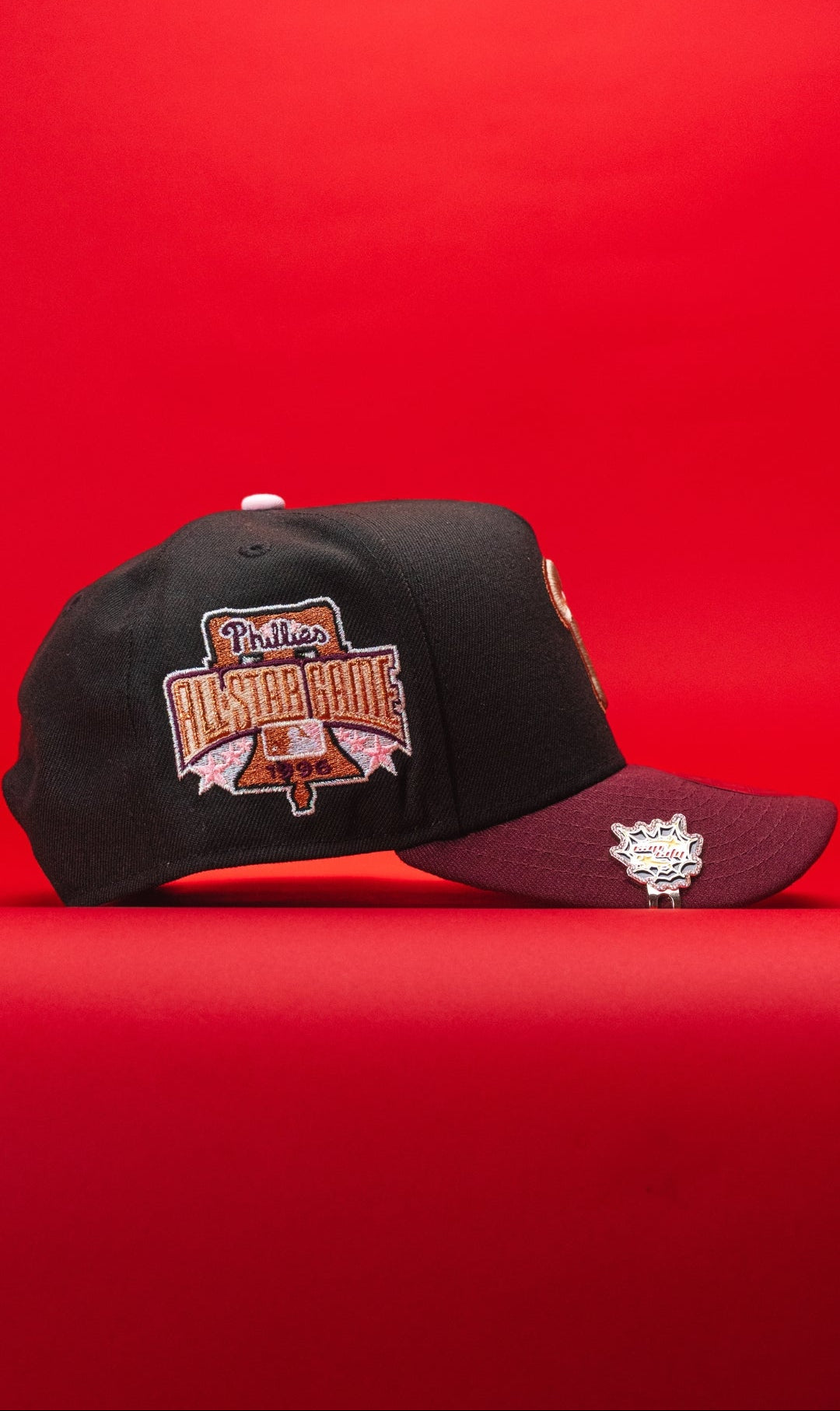 NEW ERA 9FIFTY A-FRAME BLACK/BURGUNDY PHILADELPHIA PHILLIES SNAPBACK W/ 1996 ALL STAR GAME SIDE PATCH