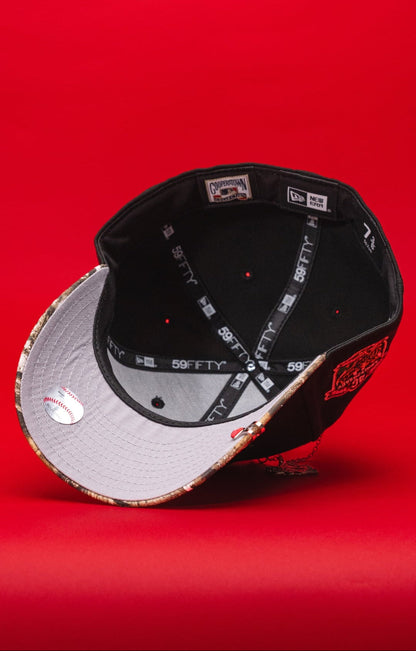 NEW ERA EXCLUSIVE 59FIFTY BLACK/REALTREE LOS ANGELES DODGERS W/ RED ROSE + 40TH ANNIVERSARY SIDE PATCH