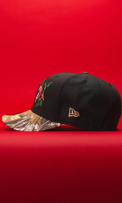NEW ERA EXCLUSIVE 59FIFTY BLACK/REALTREE LOS ANGELES DODGERS W/ RED ROSE + 40TH ANNIVERSARY SIDE PATCH