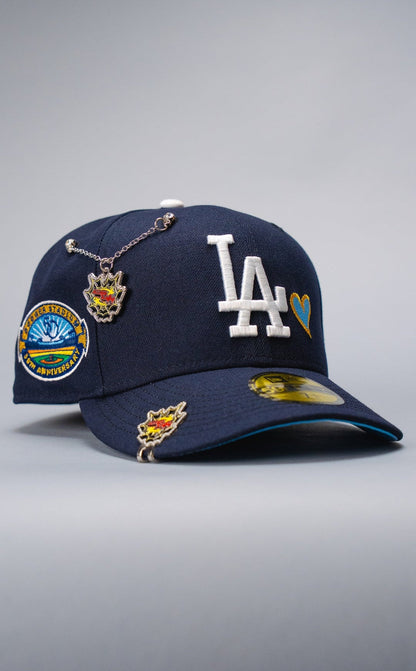NEW ERA EXCLUSIVE 59FIFTY NAVY LOS ANGELES DODGERS W/ HEART + 50TH ANNIVERSARY SIDE PATCH